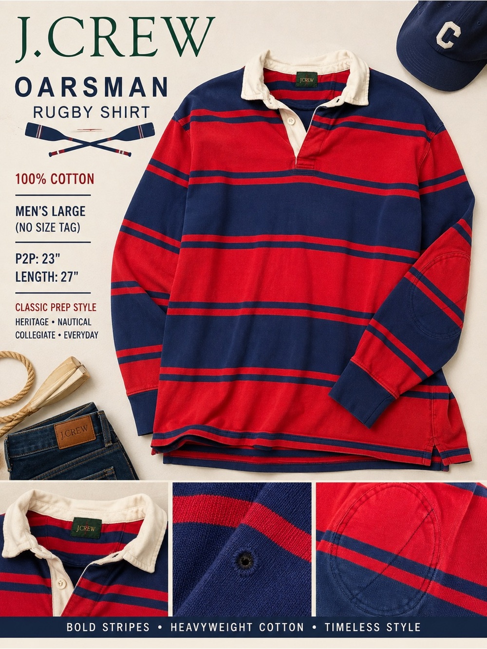 J. Crew Oarsman Men’s Rugby Shirt Red Navy Striped Cotton Preppy Large
